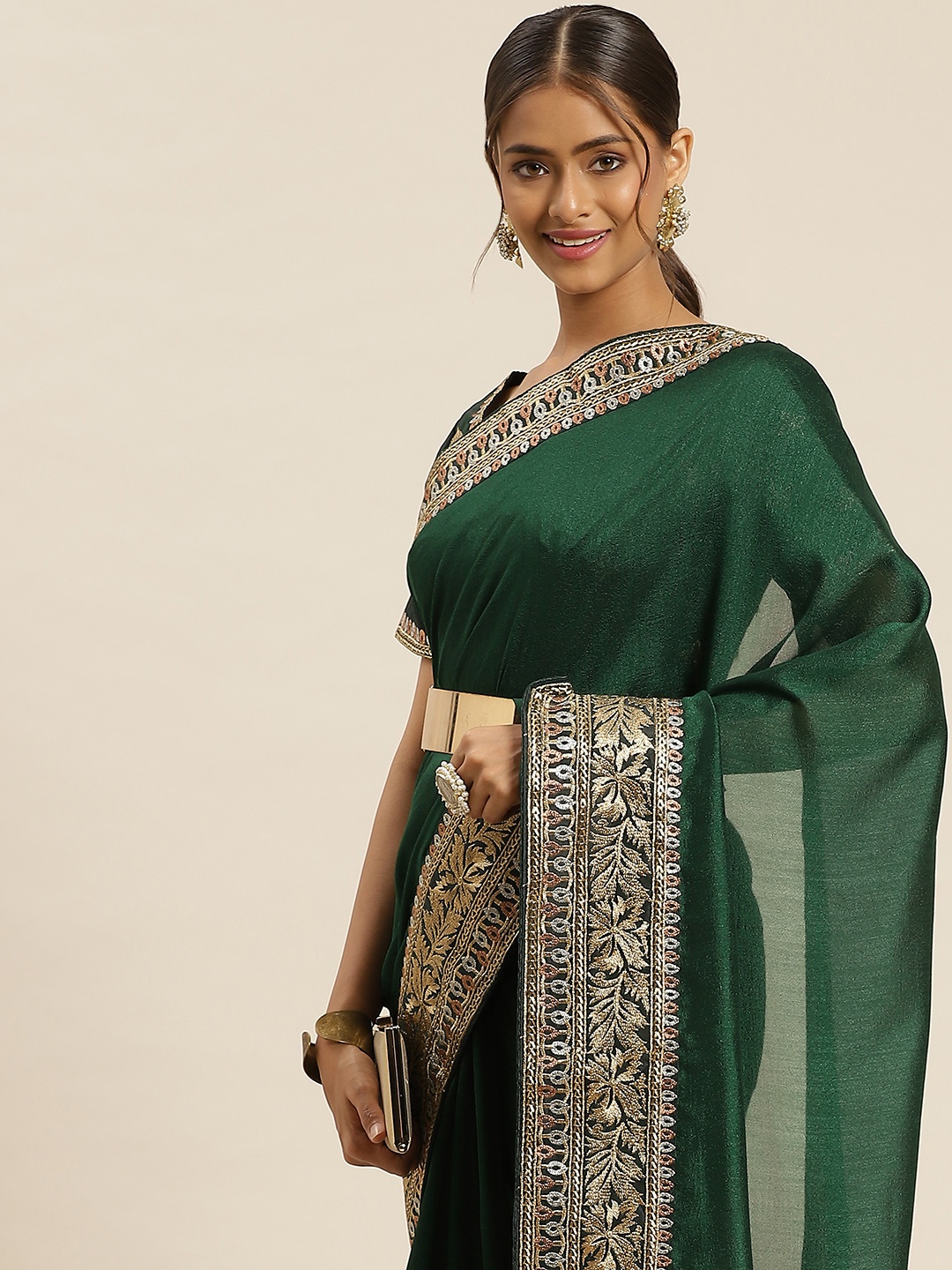 

Sangria Green & Golden Silk Blend Saree With Woven Design Border