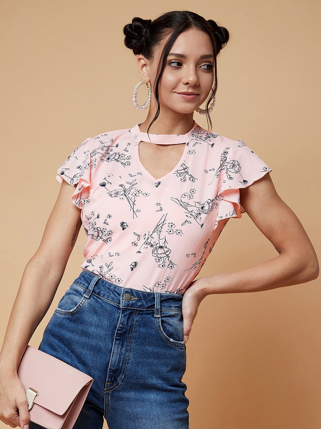 

CHIMPAAANZEE Peach-Coloured Floral Print Choker Neck Top