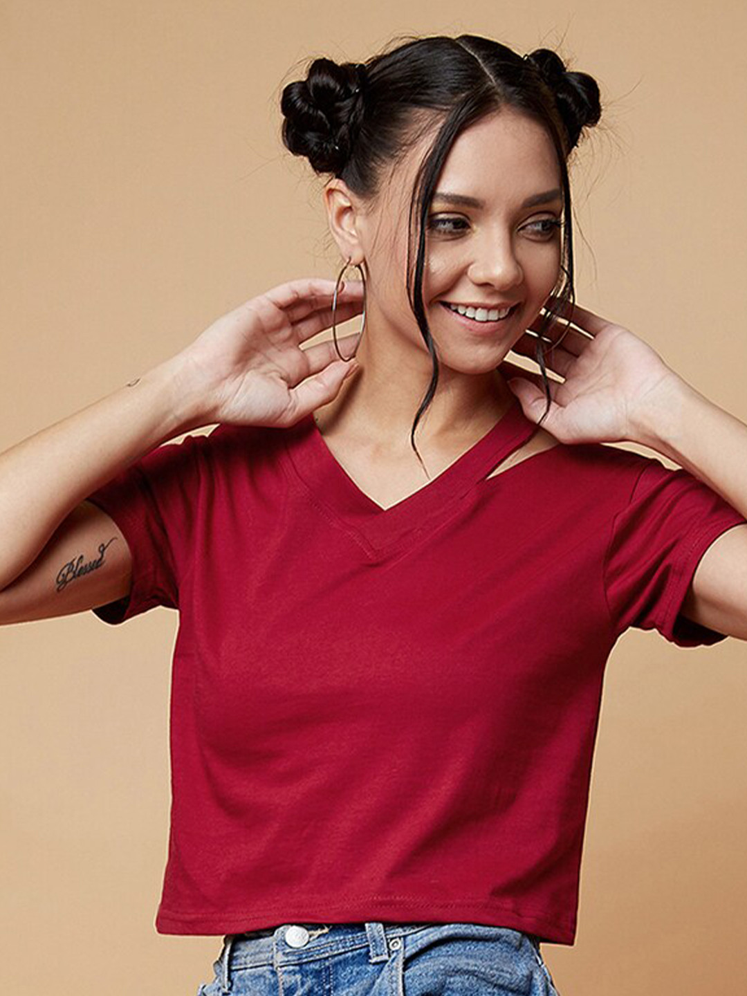 

CHIMPAAANZEE Maroon Solid Pure Cotton Crop Top