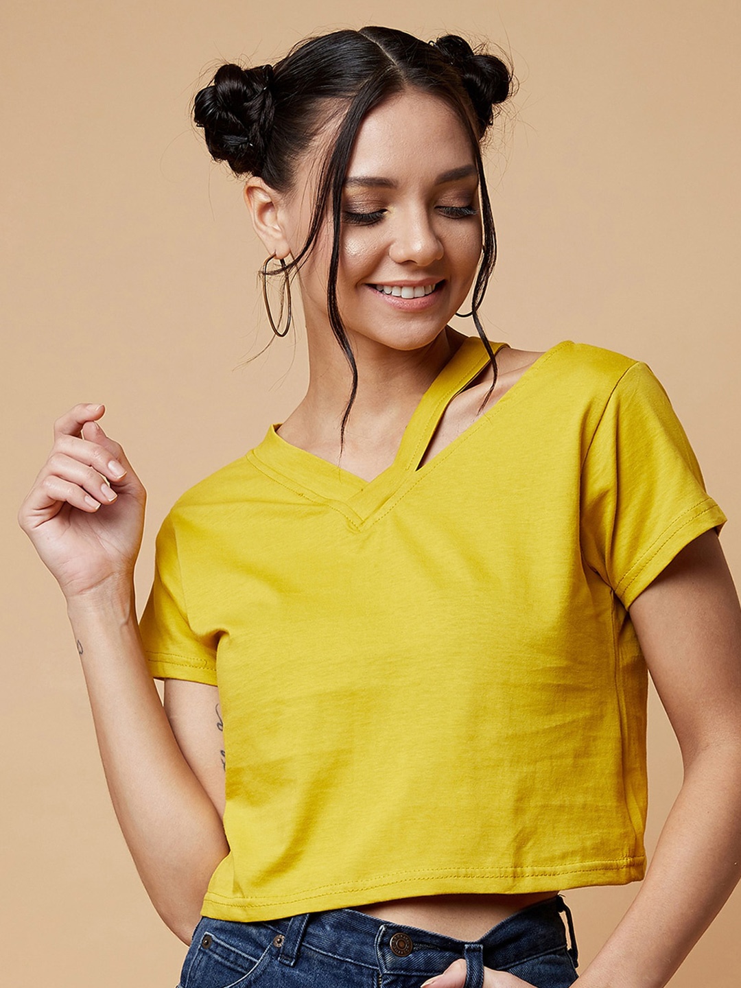 

CHIMPAAANZEE Women Mustard Yellow Cotton Crop Top