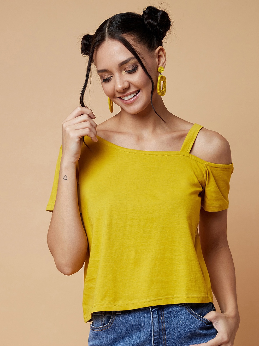 

CHIMPAAANZEE Women Mustard Yellow Solid Pure Cotton Top