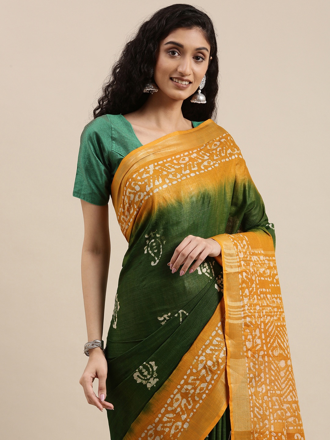 

Taavi Green & Yellow Batik Zari Block Print Saree