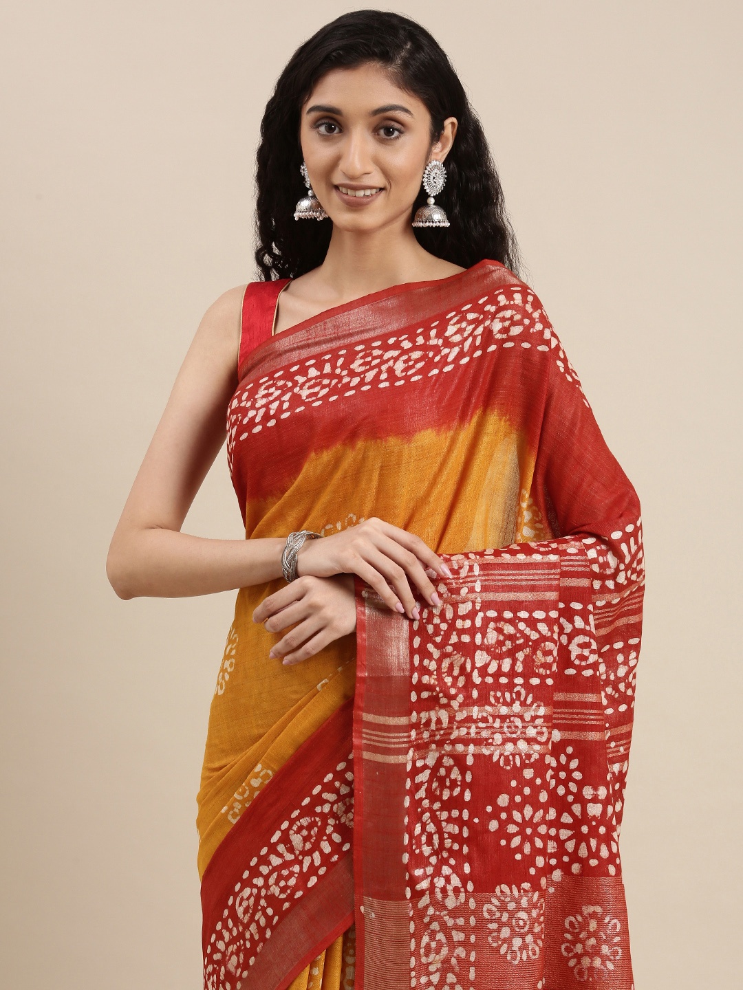 

Taavi Yellow & Red Batik Zari Block Print Saree