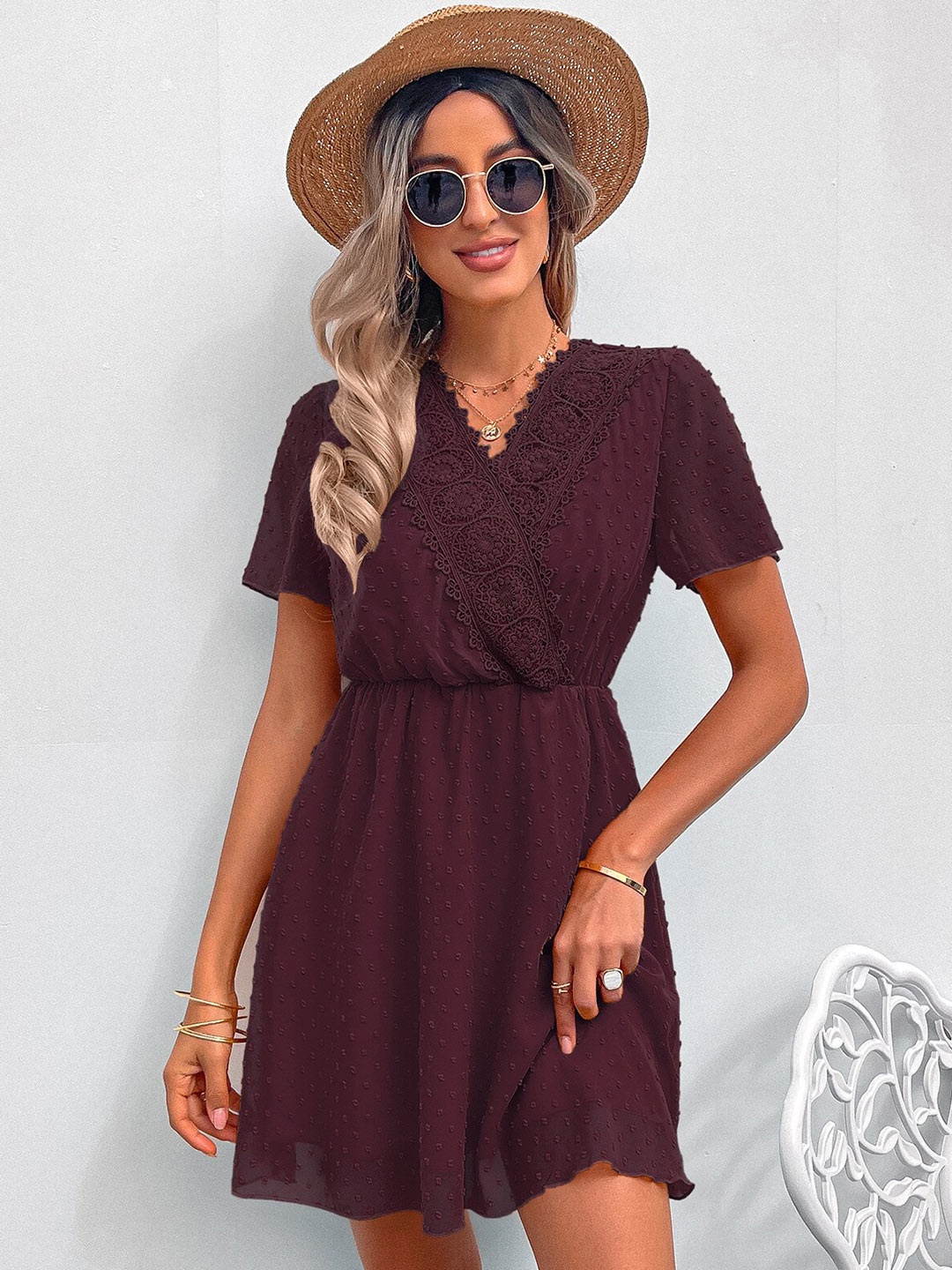 

La Aimee Women Burgundy Self-Design Wrap Dress