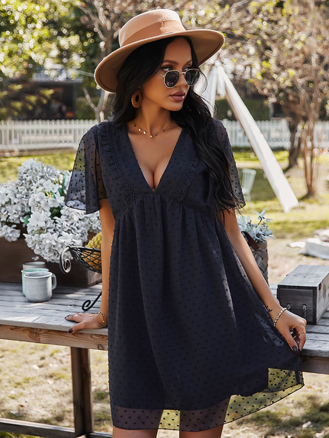 

La Aimee Women Black Self Design A-Line Dress