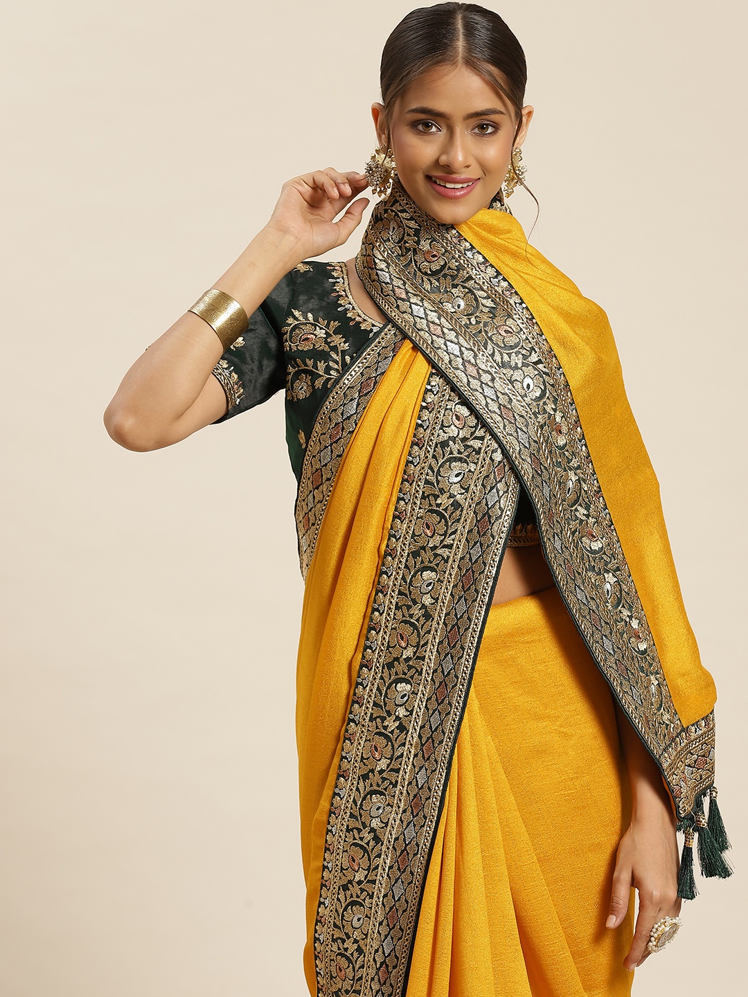 

Sangria Mustard & Teal Green Silk Blend Saree With Woven Design Border