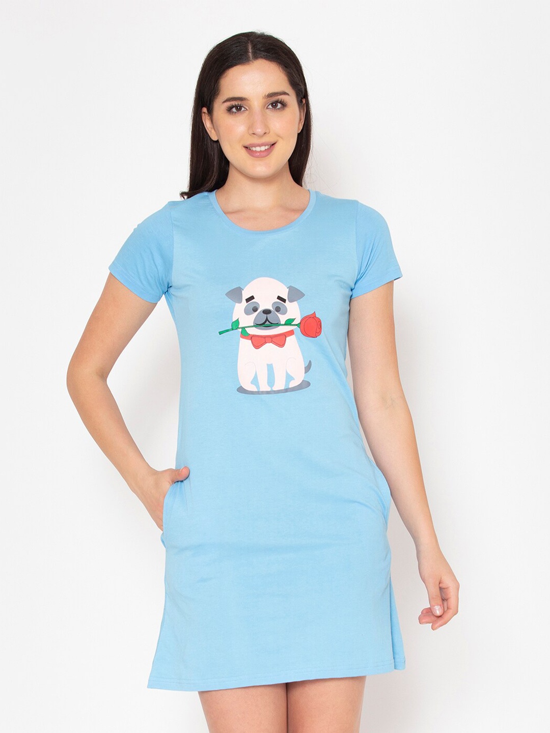 

Clovia Pug Printed Cotton Mini Nightdress, Blue