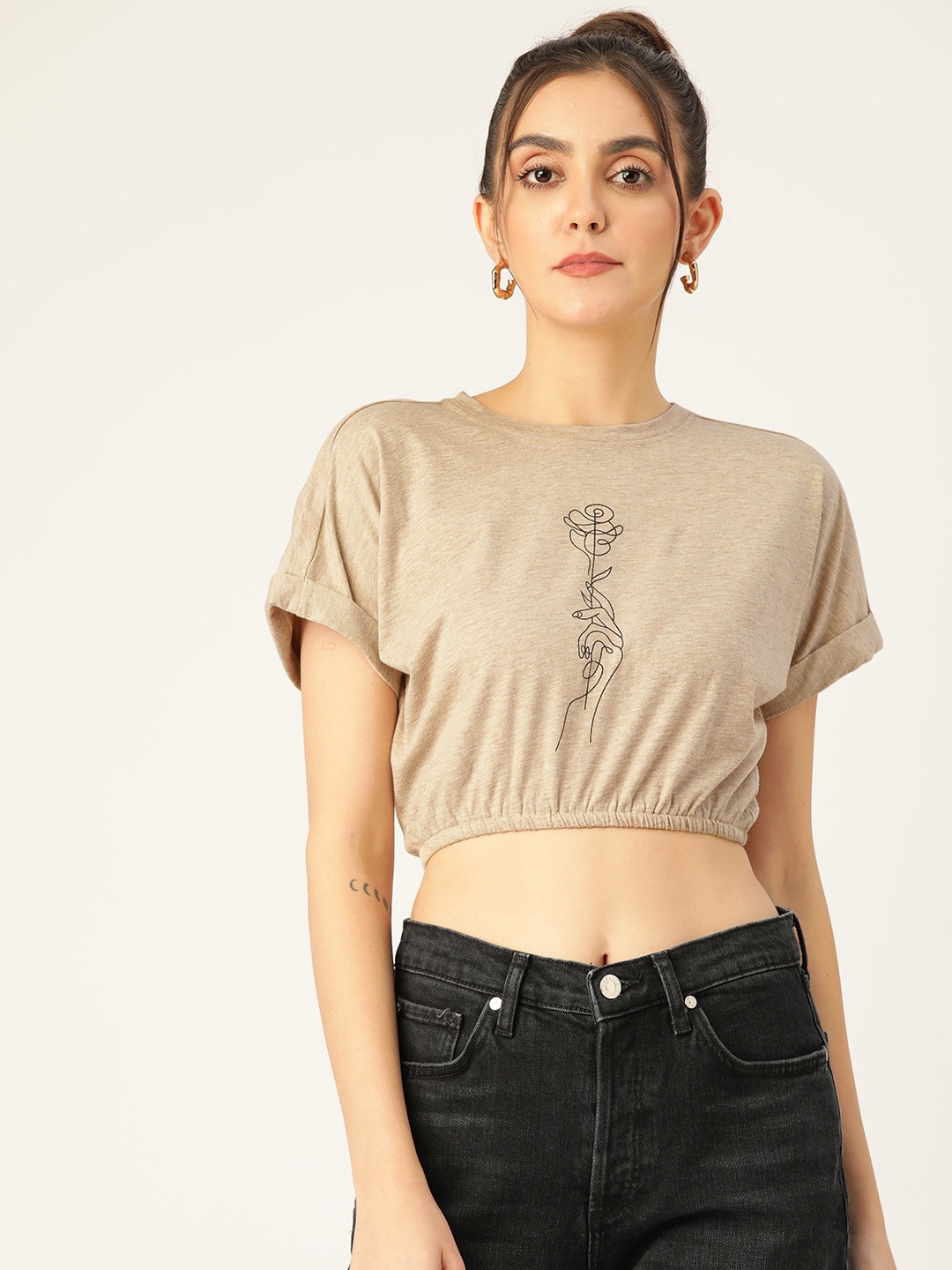 

Rue Collection Beige Printed Extended Sleeves Blouson Crop Top