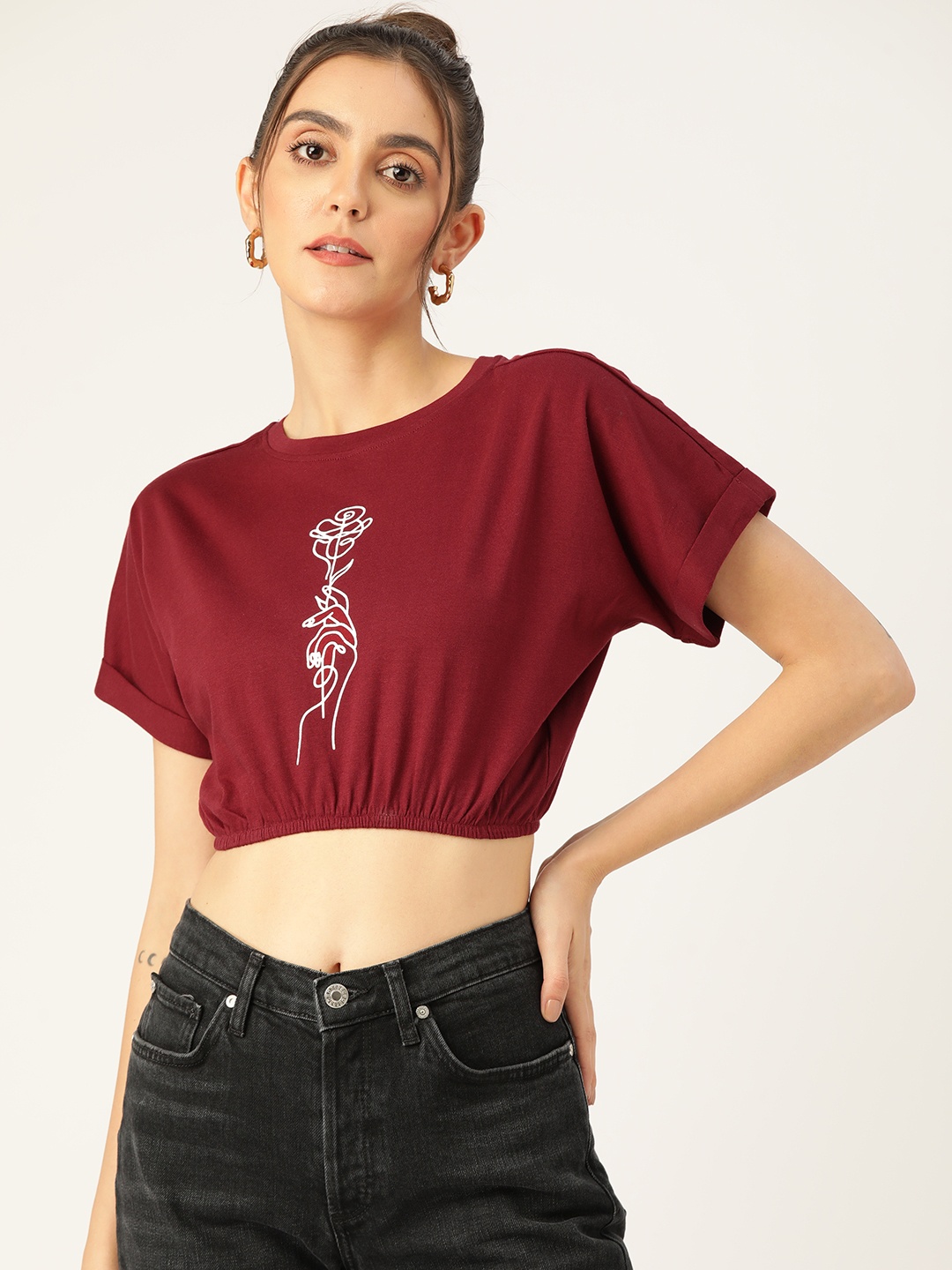 

Rue Collection Maroon Printed Extended Sleeves Blouson Crop Top