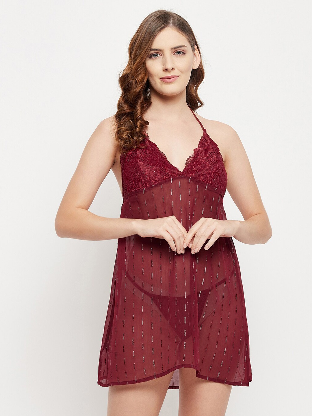 

Clovia Maroon Halter Neck Sheer Baby Doll