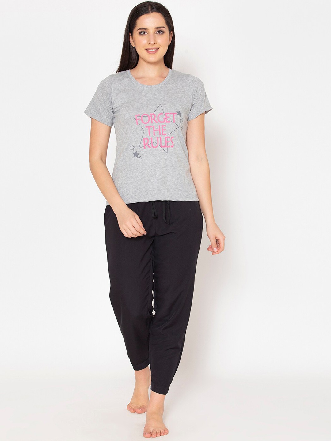 

Clovia Women Grey & Black Printed Cotton Night suit