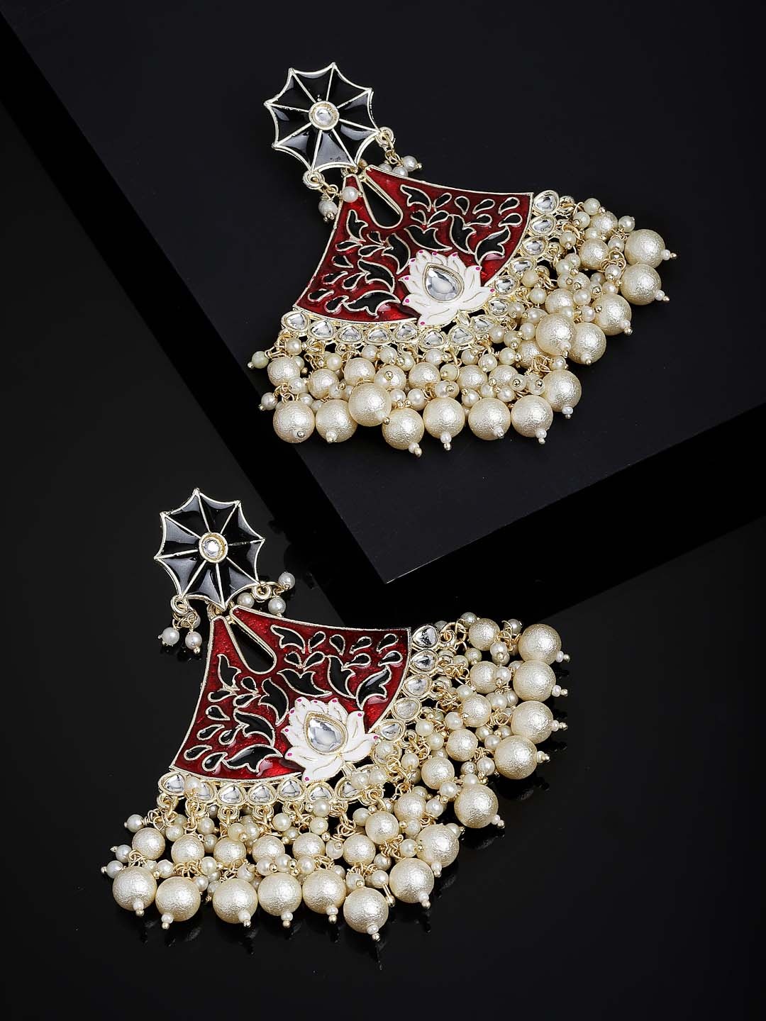 

PANASH Gold-Plated White & Red Kundan Pearls Meenakari Chandbalis Earrings