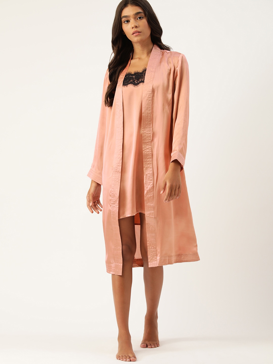 

ETC Women Pink Solid Satin Finish Lace Insert Detail Baby Doll With Robe