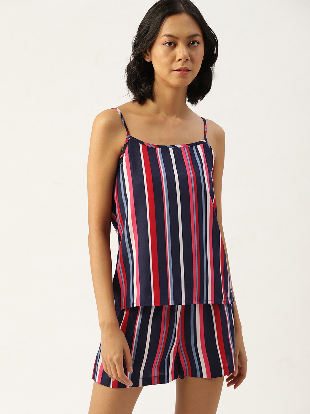 

ETC Women Navy Blue & Pink Striped Night suit