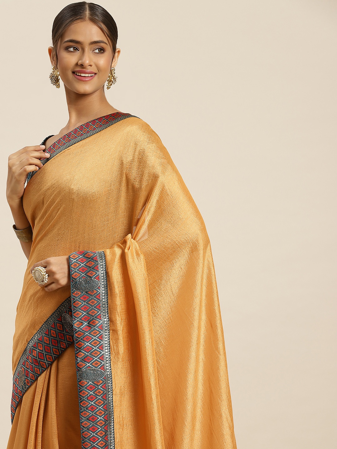 

Sangria Mustard & Teal Green Saree With Woven Design Border