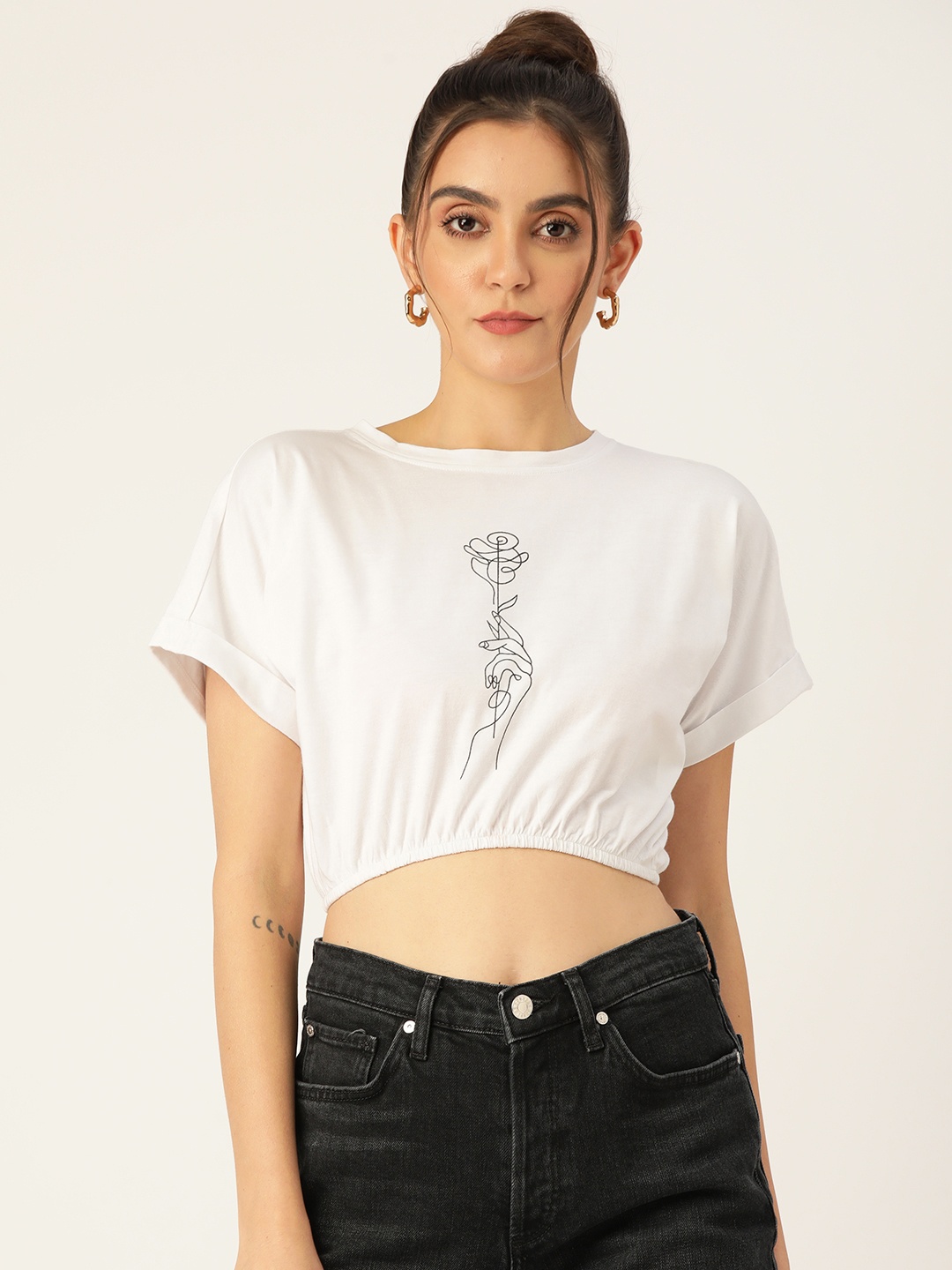 

Rue Collection White Print Extended Sleeves Blouson Crop Top