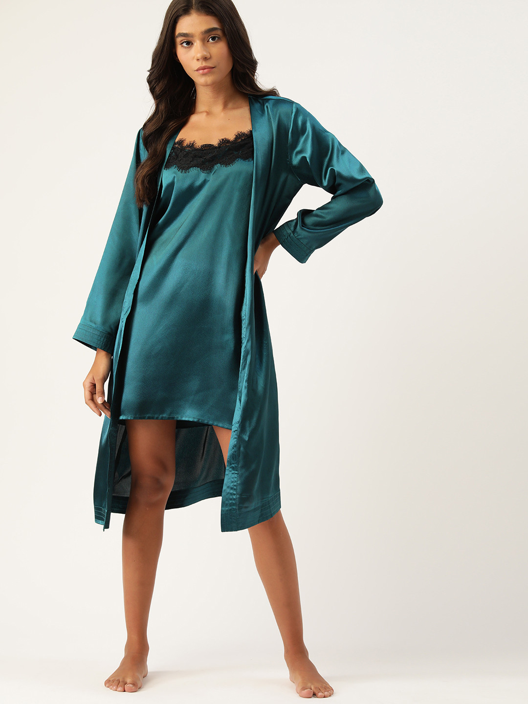 

ETC Women Teal Green Solid Satin Finish Lace Insert Detail Baby Doll With Robe