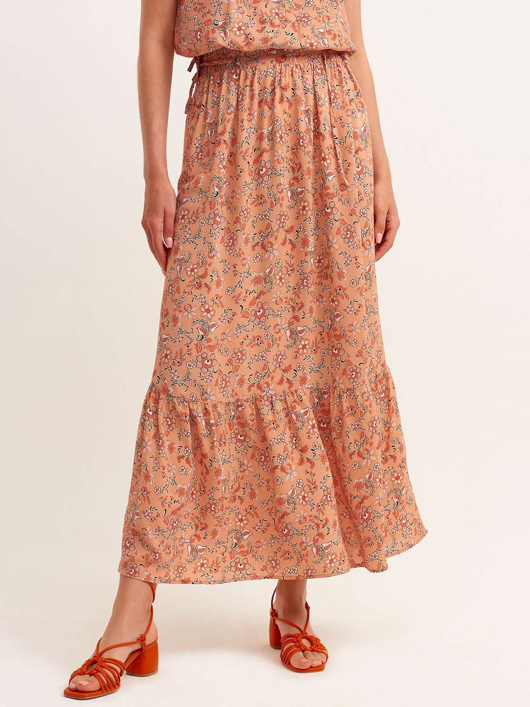 

OXXO Women Peach-Colored Floral Printed Bohemian Maxi Skirt