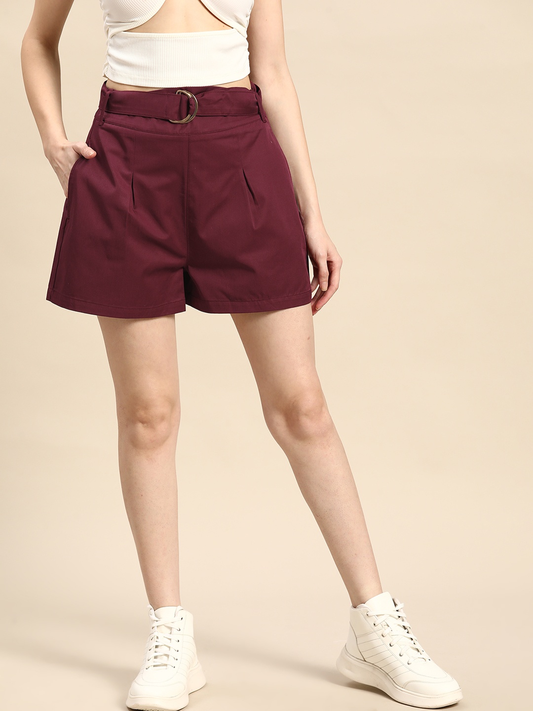 

OXXO X City Collection Women Maroon High-Rise Shorts