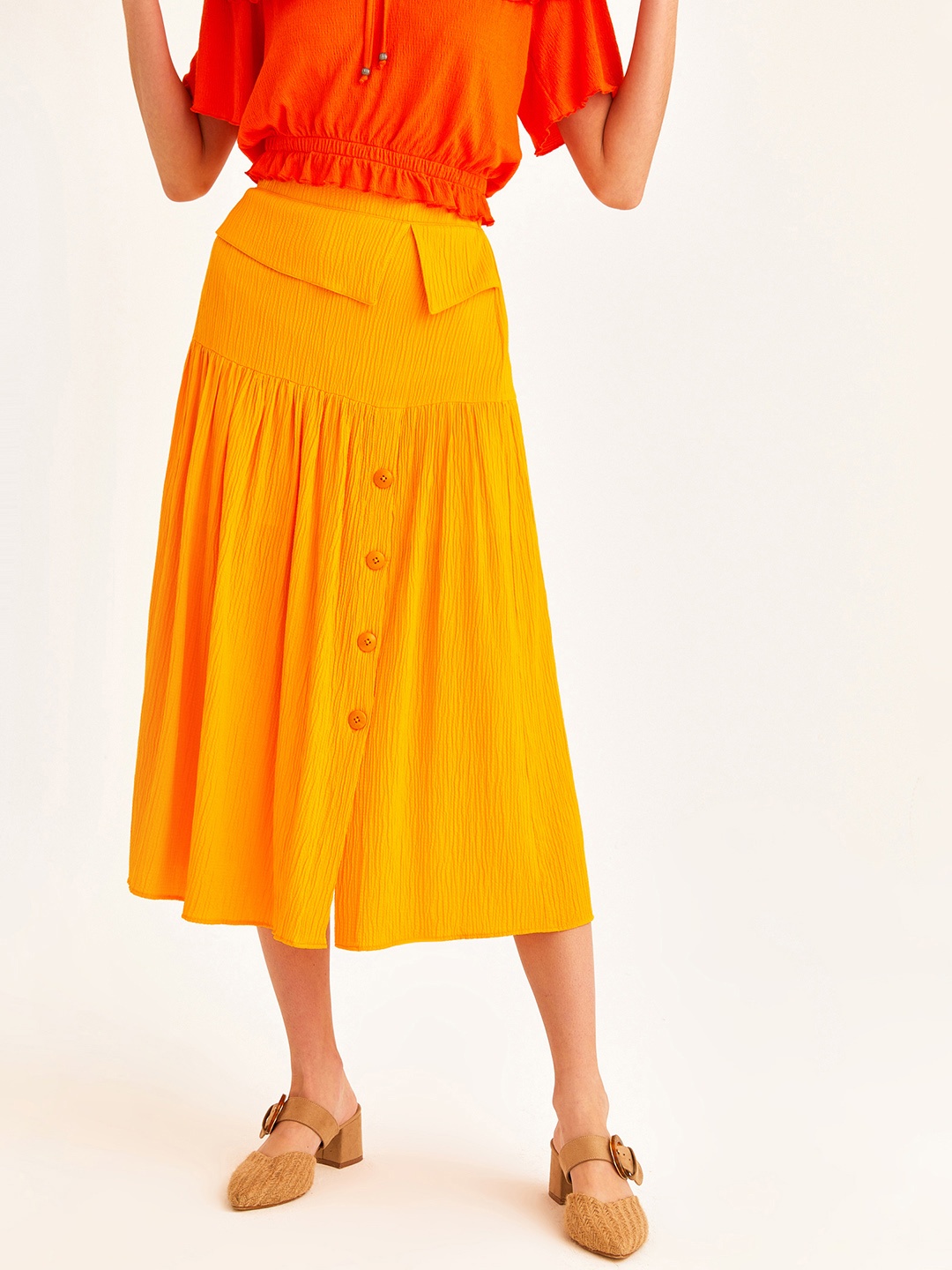

OXXO Women Yellow Self-Design Midi A-Line Skirt