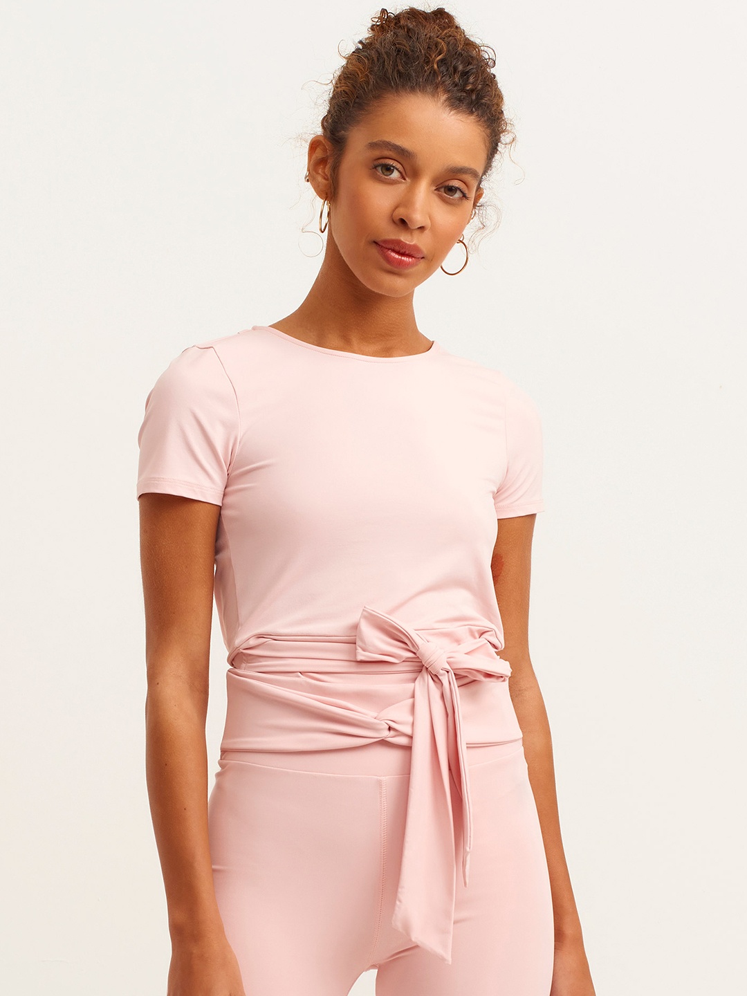 

OXXO Pink Solid Styled Back Top with Tie-Up