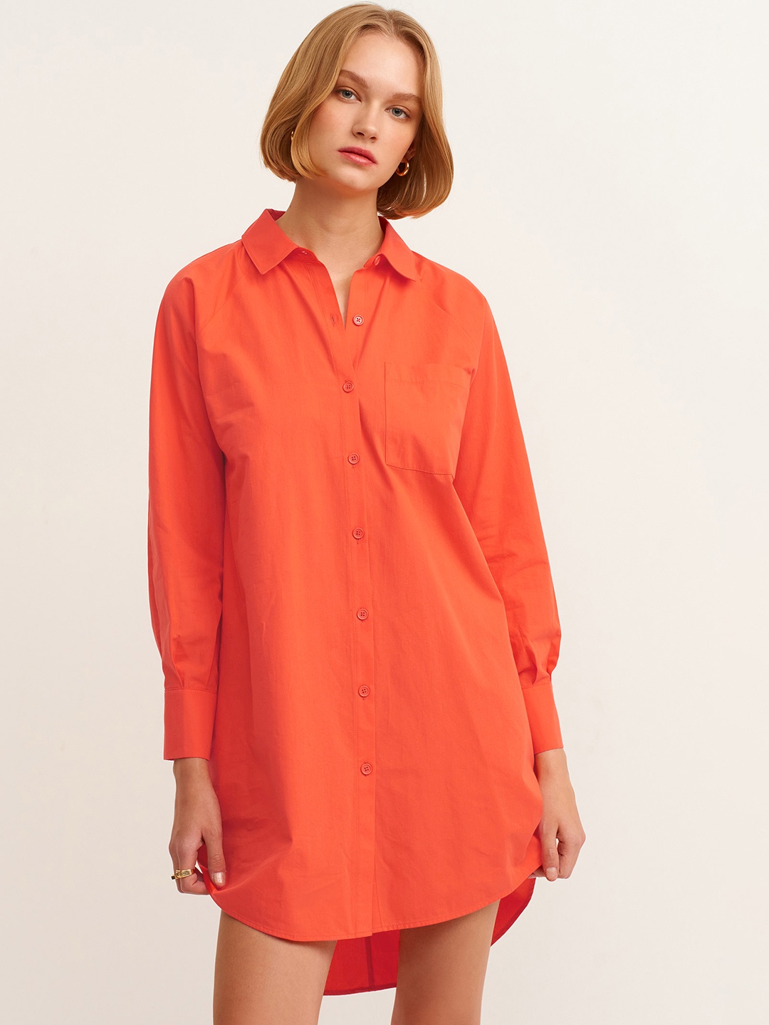 

OXXO Orange Solid Pure Cotton Oversized Shirt Dress