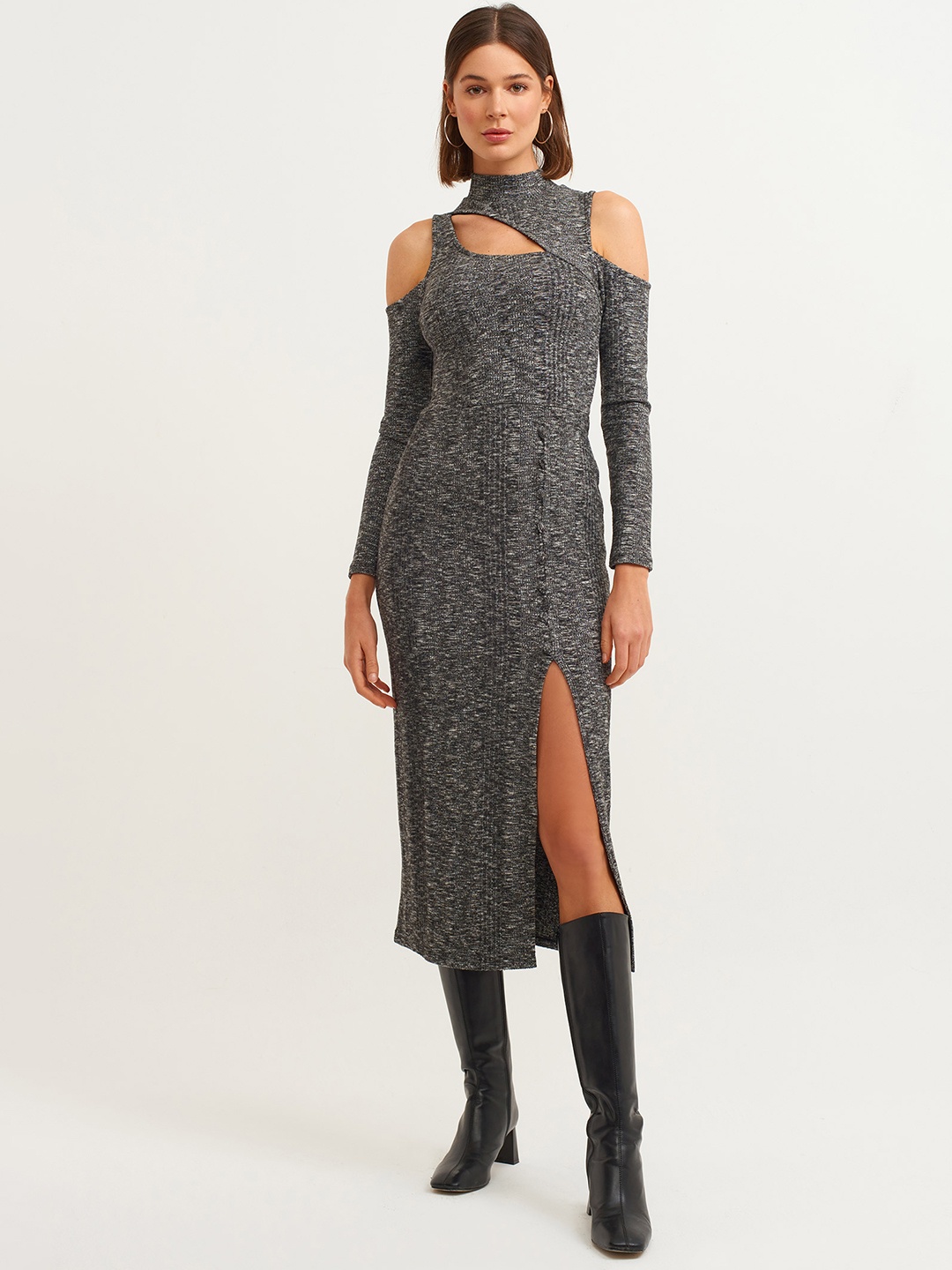 

OXXO Charcoal Grey Knitted A-Line Midi Dress