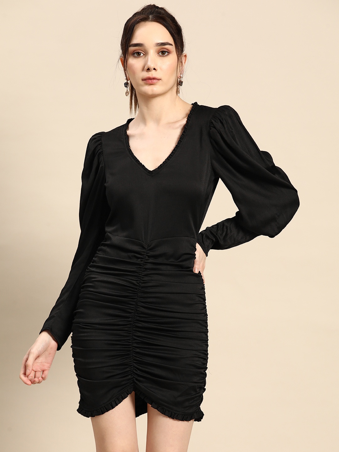 

OXXO Black V-Neck Ruched Sheath Dress