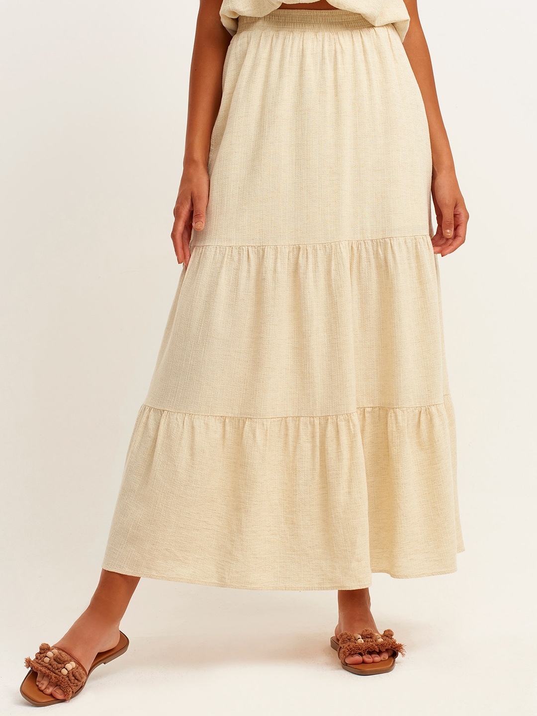 

OXXO Women Cream-Coloured Solid Tiered Maxi A-Line Skirt