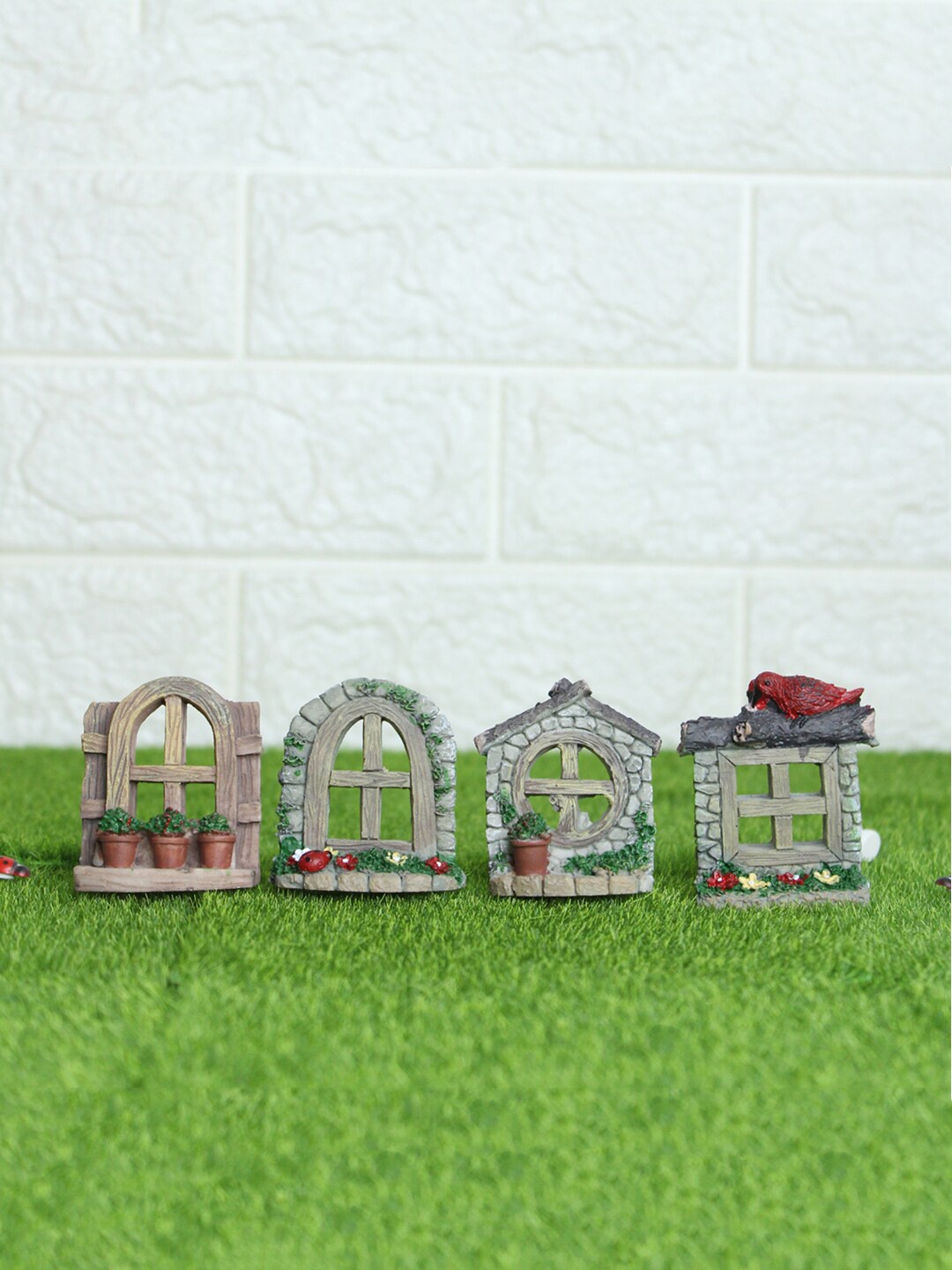 

Wonderland Set Of 4 Fairy Garden Windows Miniature Garden Accessories, Grey