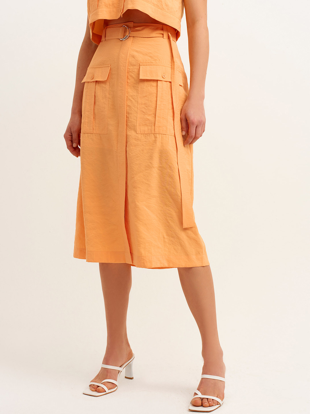 

OXXO X City Collection Women Coral Orange Solid Midi Skirt Front Slit with Pocket and Belt