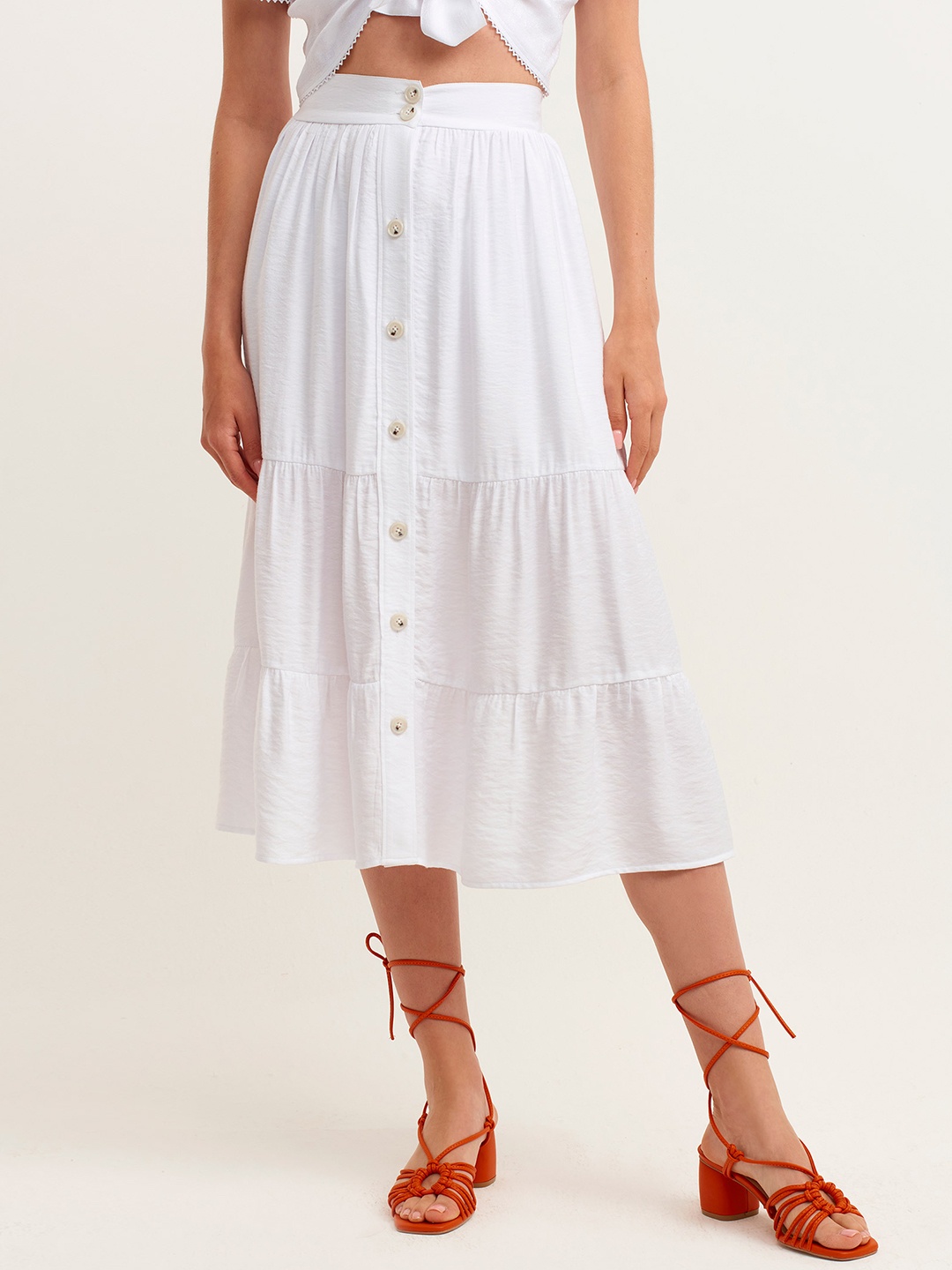 

OXXO X Boehemian Women White Solid Maxi Tiered A-Line Skirt