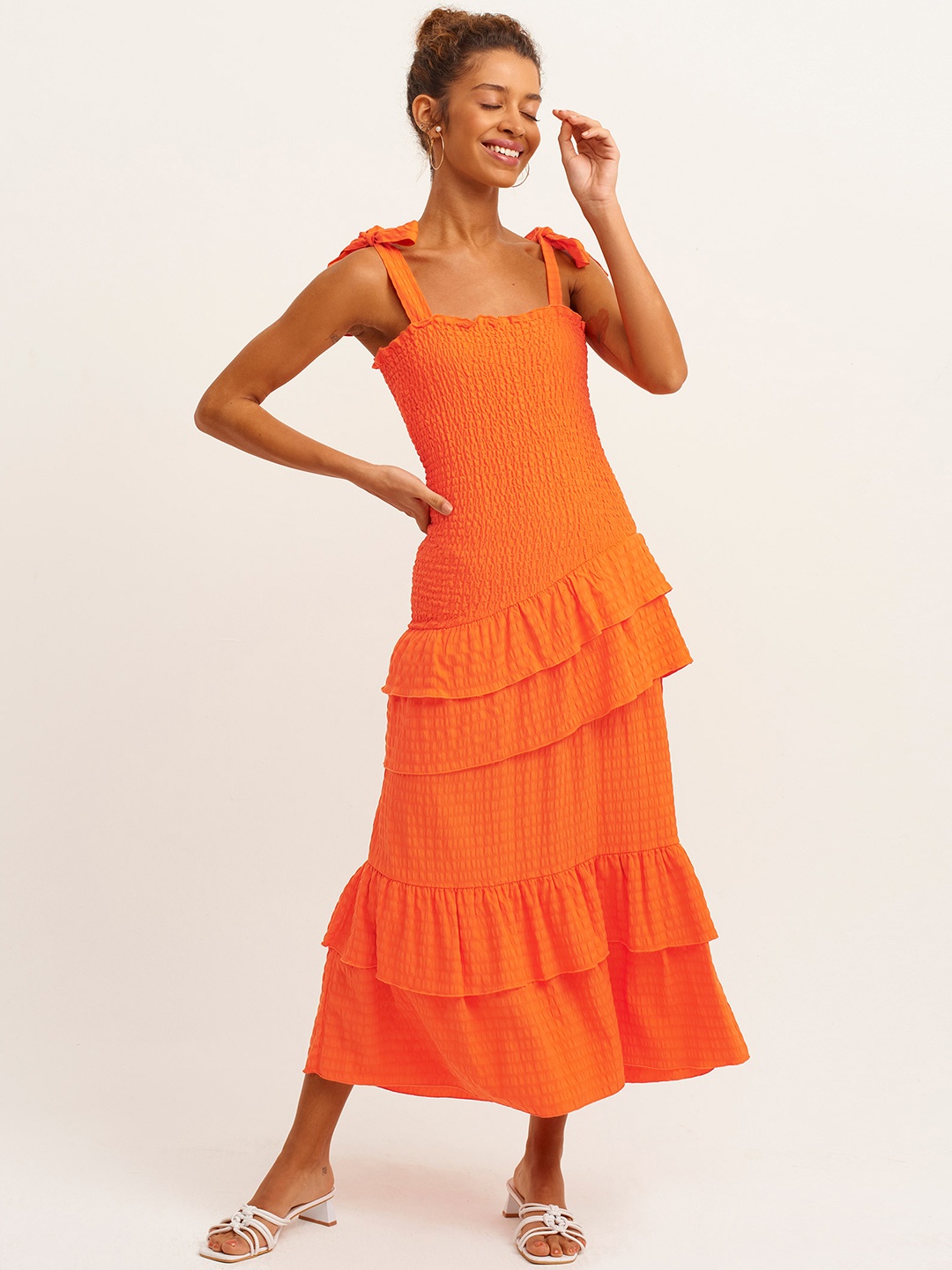 

OXXO Women Orange Smocked A-Line Midi Dress