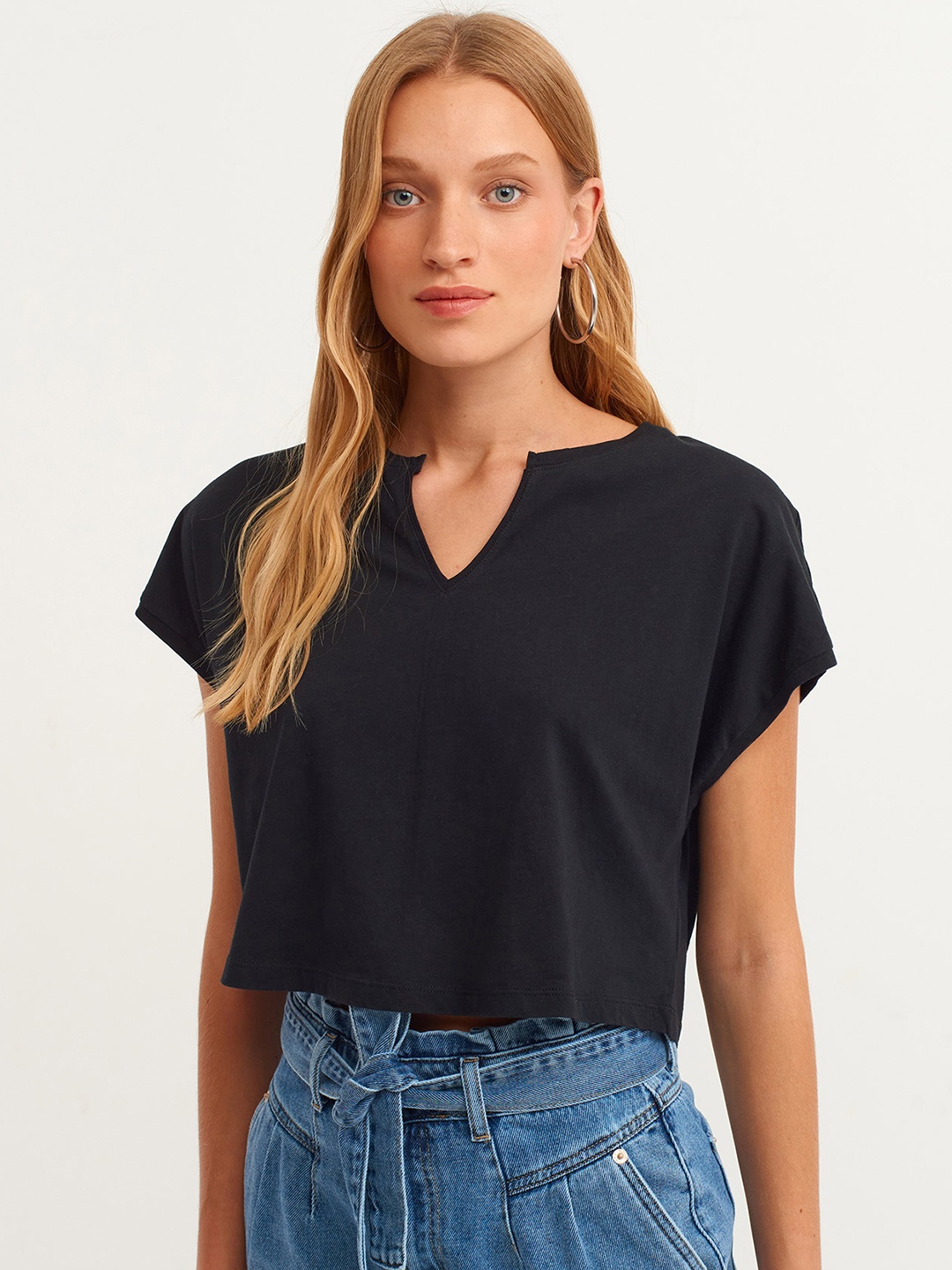 

OXXO Women Black Extended Sleeves Solid Pure Cotton T-shirt