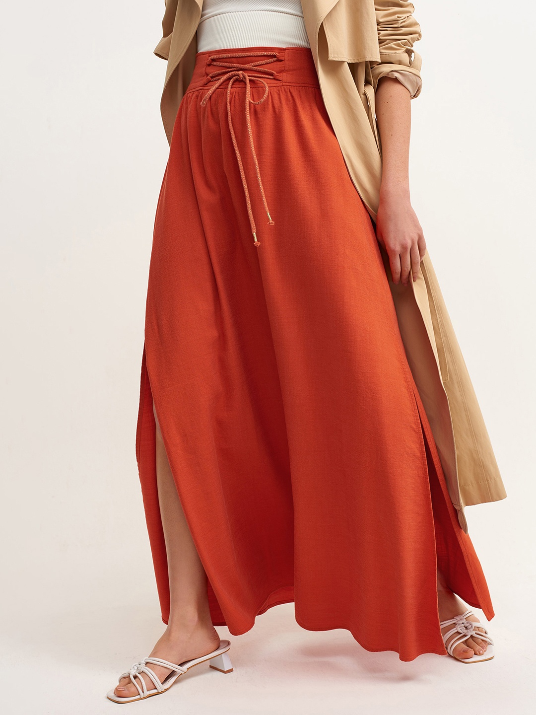 

OXXO Women Rust Orange Solid Slit Detail Bohemian Maxi Skirt