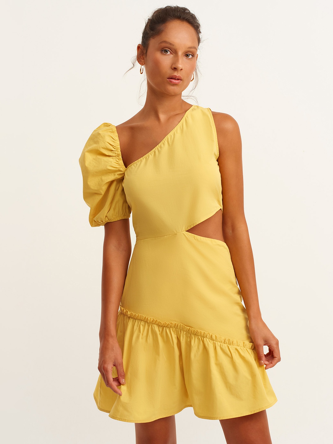 

OXXO Women Yellow Pure Cotton Solid A-Line Dress with Cut-Out Detail