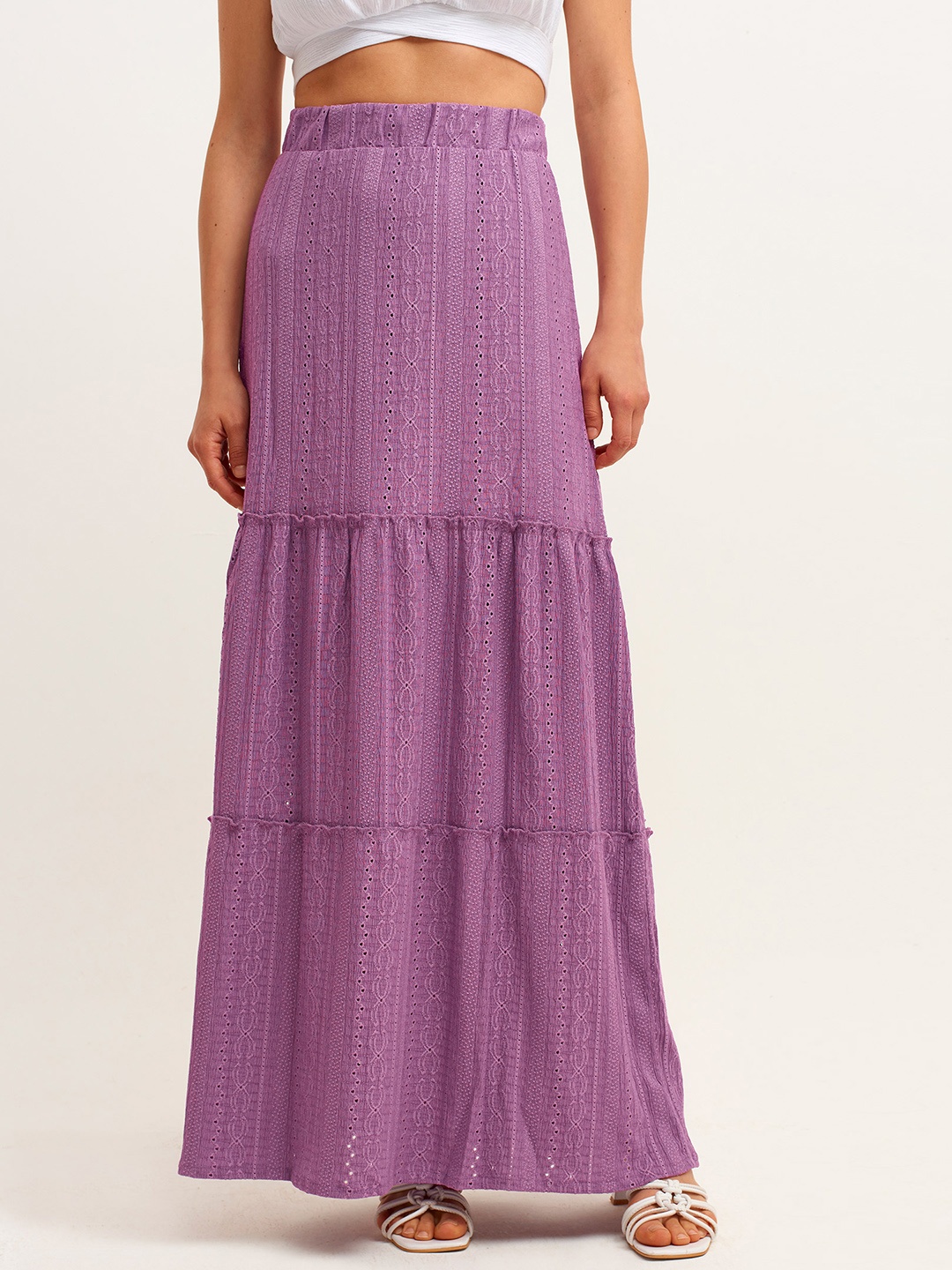

OXXO Women Purple Self-Design A-line Maxi Tiered Skirt