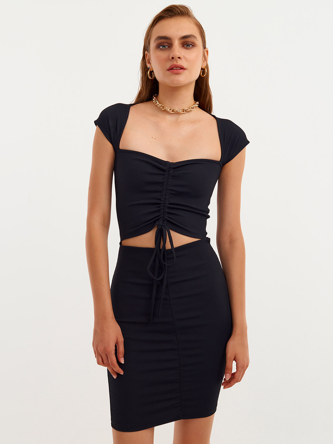

OXXO X City Collection Women Black Knitted Bodycon Dress with Cut-out Detail & Tie-Up