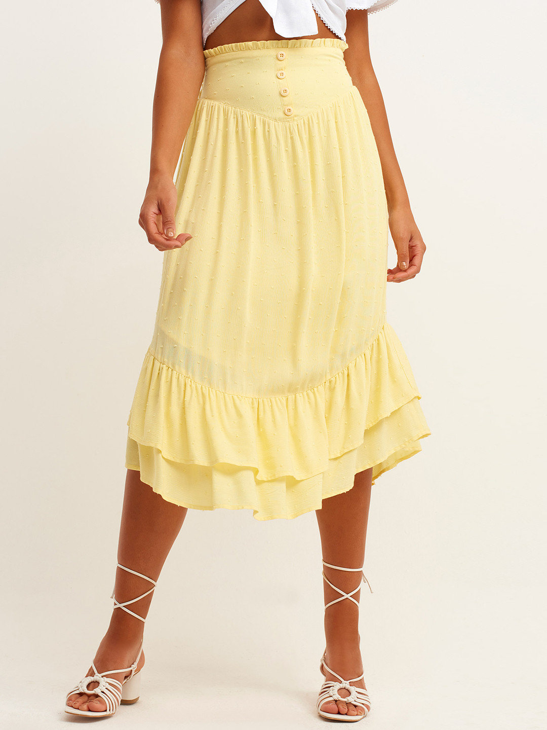 

OXXO X City Collection Women Yellow Self-Design Smocked A-Line Skirt with Dobby Weave