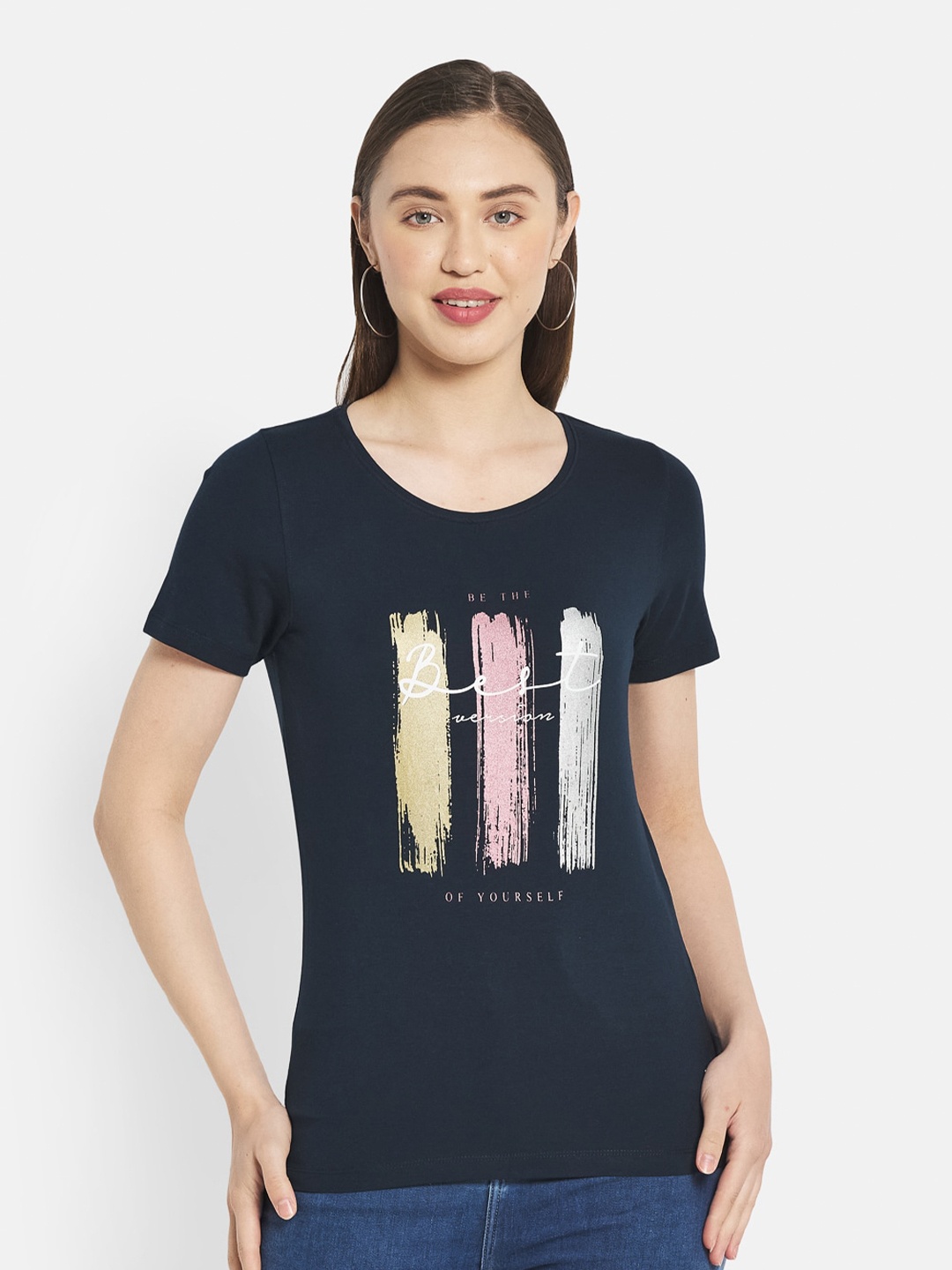 

METTLE Women Blue Printed Cotton T-shirt