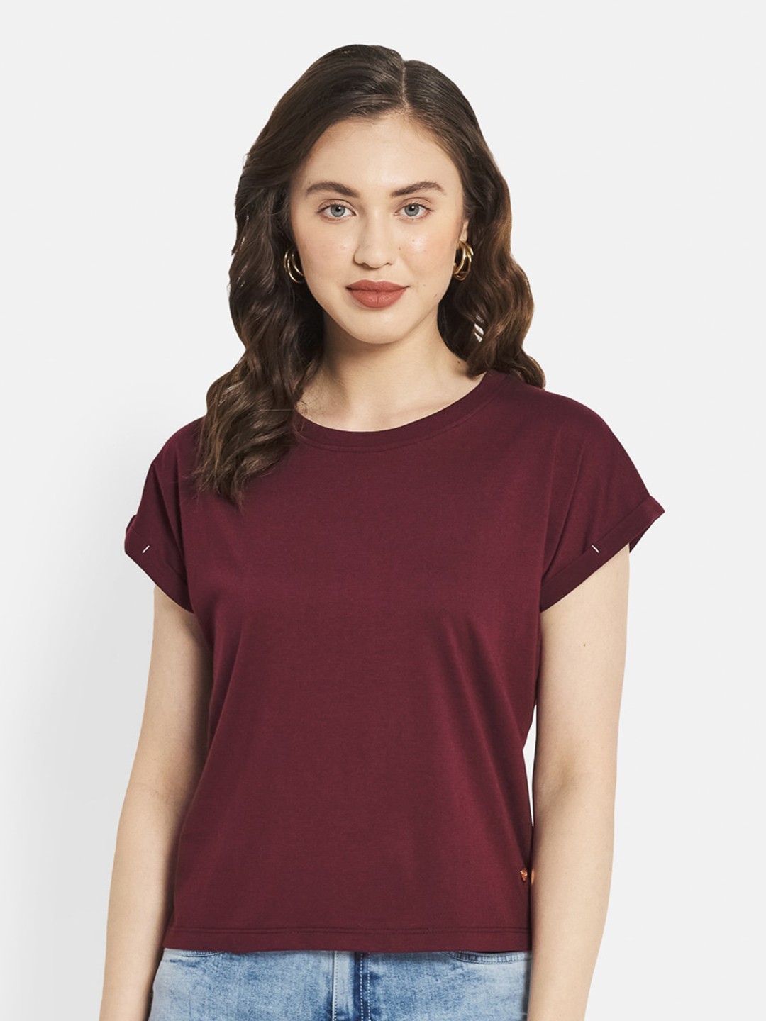 

METTLE Women Maroon Extended Sleeves Cotton T-shirt