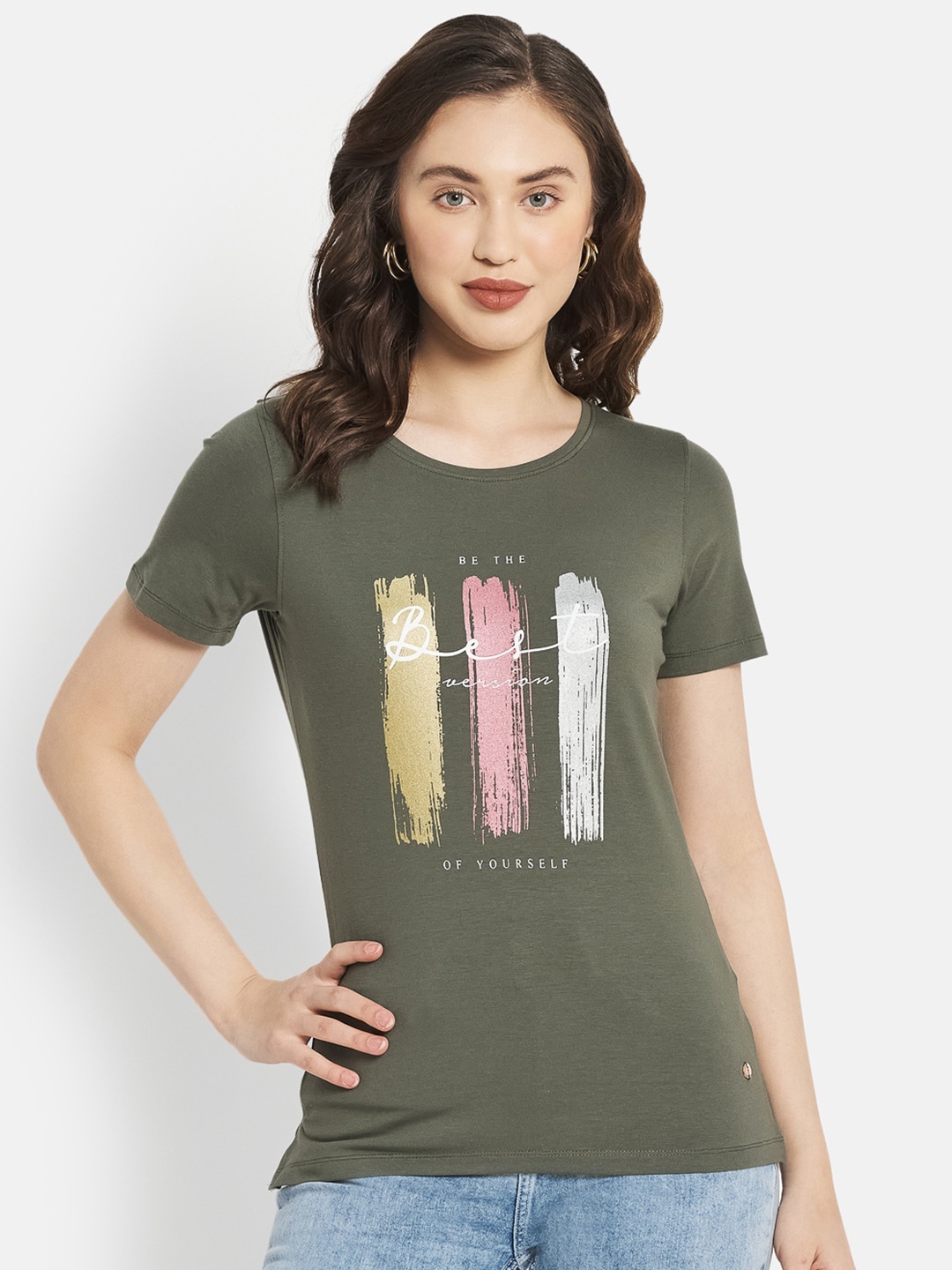 

METTLE Women Olive Green Printed T-shirt