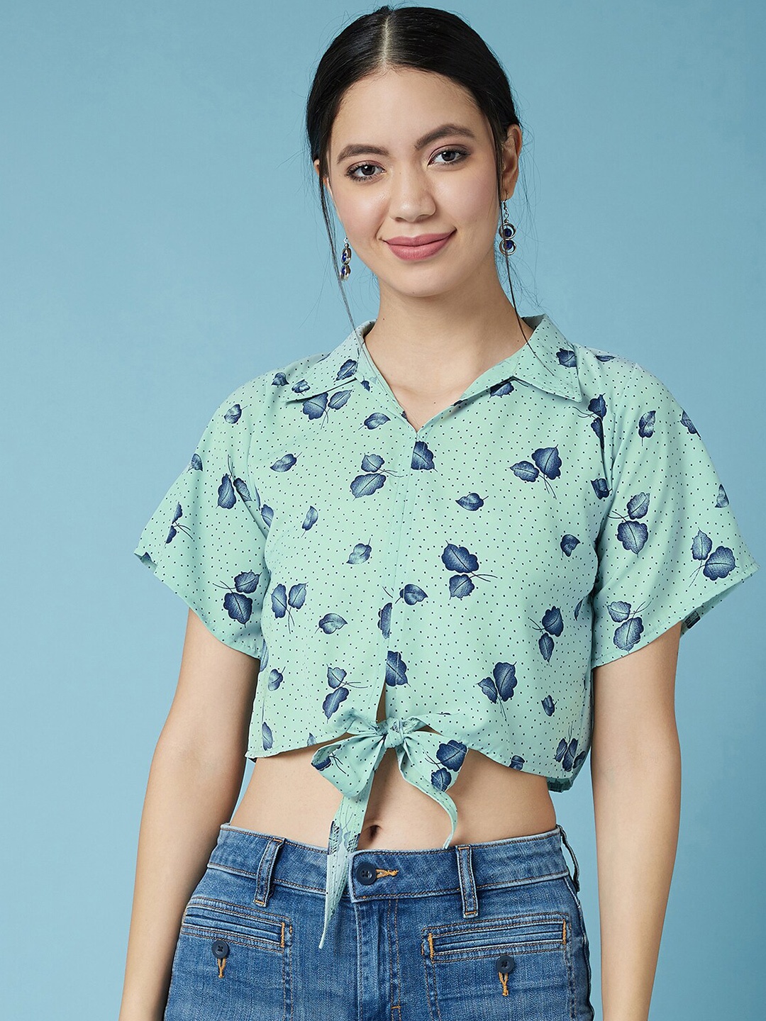 

CHIMPAAANZEE Women Sea Green Floral Print Shirt Style Crop Top