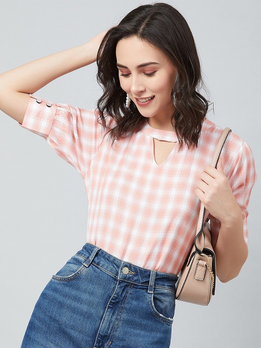 

CHIMPAAANZEE Women Pink & White Checked Top