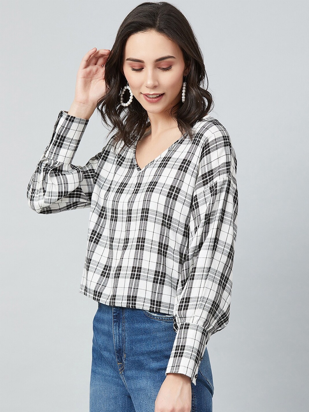 

CHIMPAAANZEE Women White & Black Checked Top