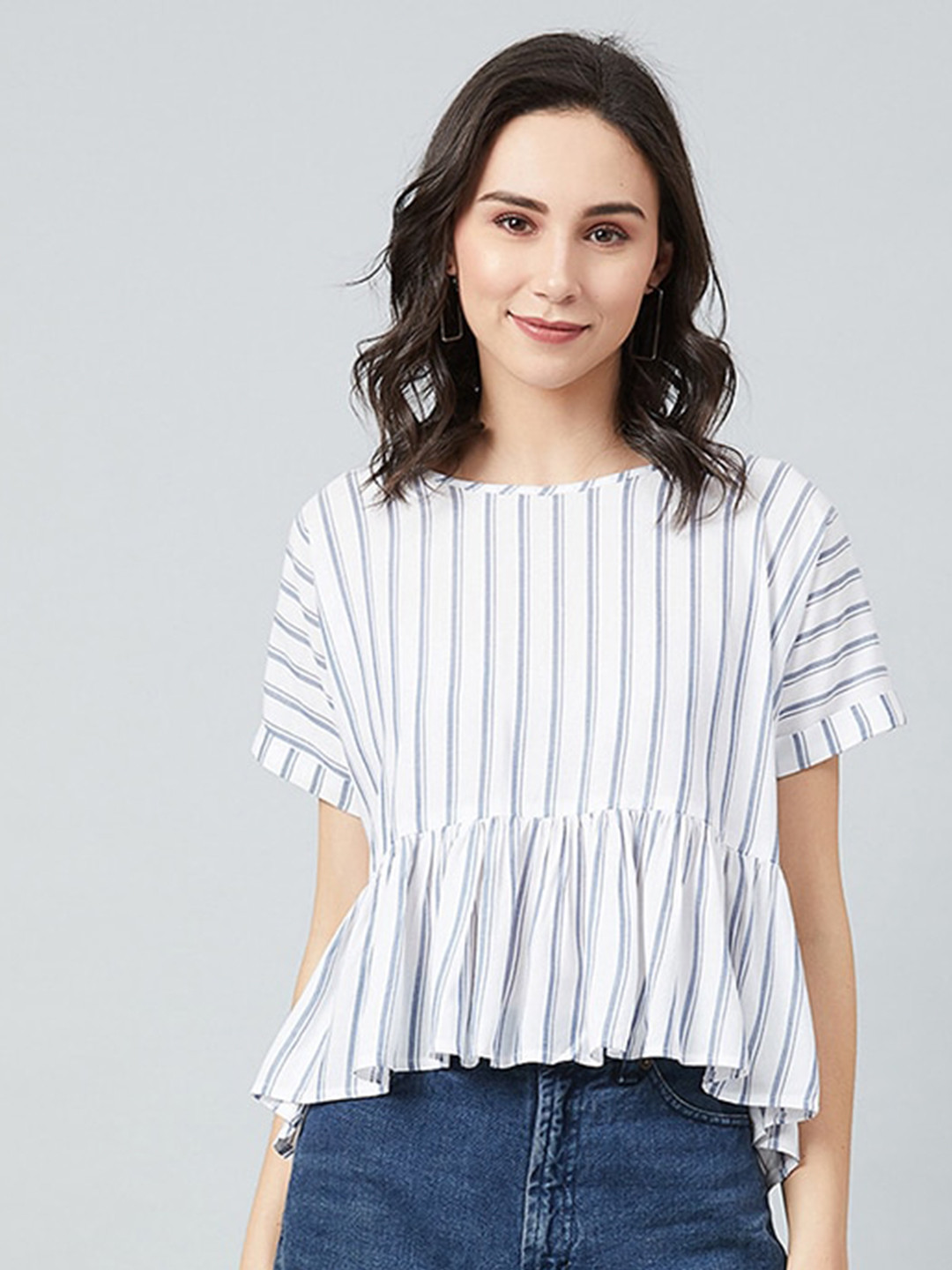 

CHIMPAAANZEE Women White Striped Peplum Top
