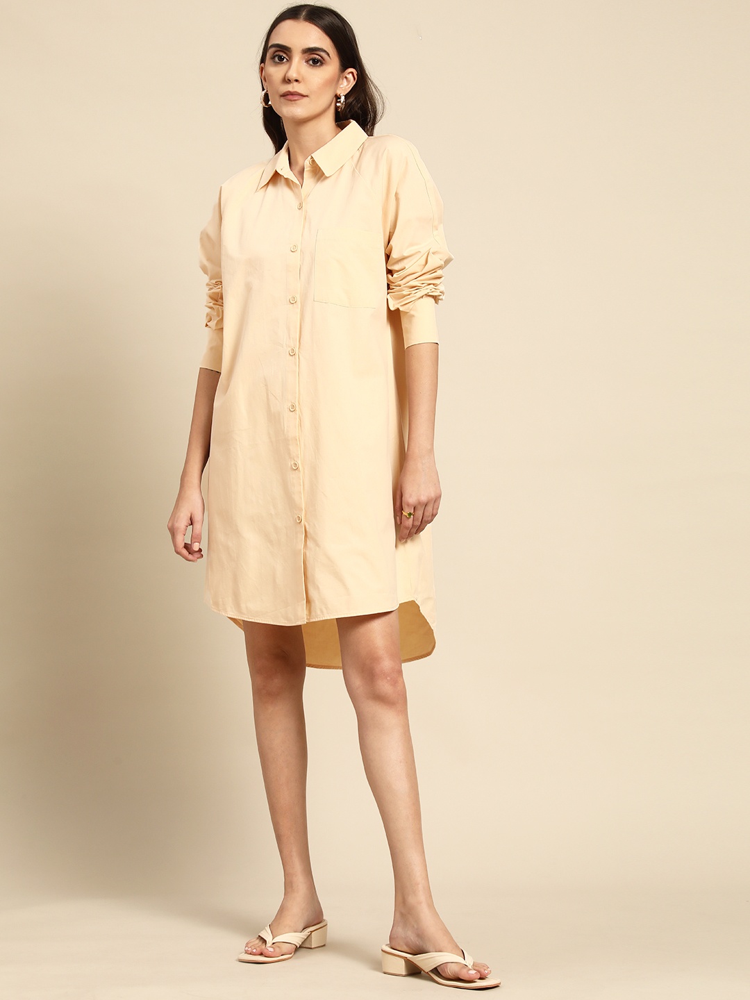 

OXXO Women Beige Solid High Low Hem Cuffed Raglan Sleeves Pure Cotton Shirt Dress