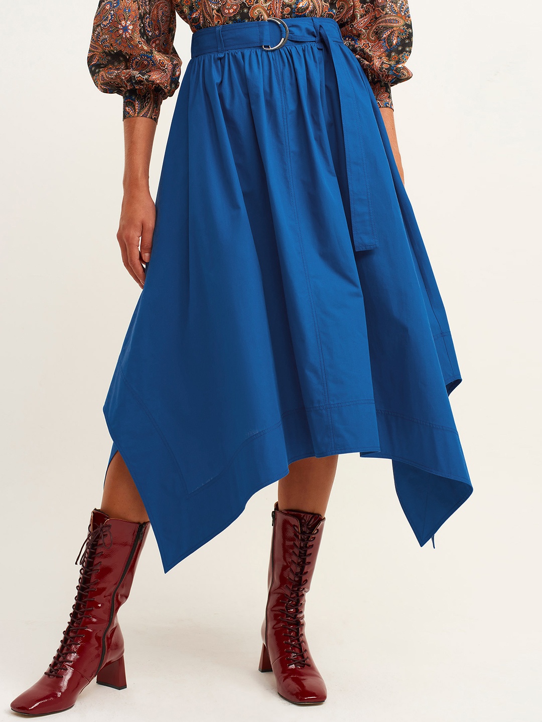 

OXXO Women Blue Solid A-Line Midi Skirt with Asymmetric Hem