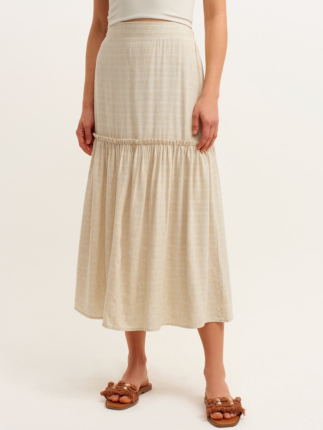 

OXXO Women Beige Solid A-Line Midi Tiered Skirt