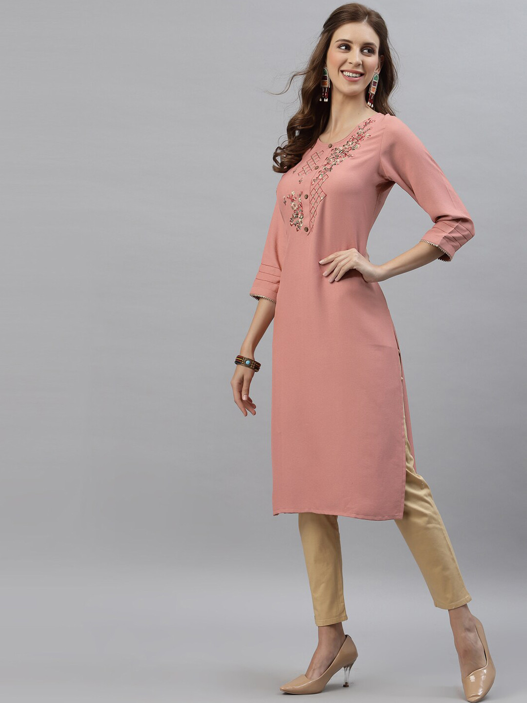 

KALINI Women Rose Gold Floral Embroidered Thread Work Kurta